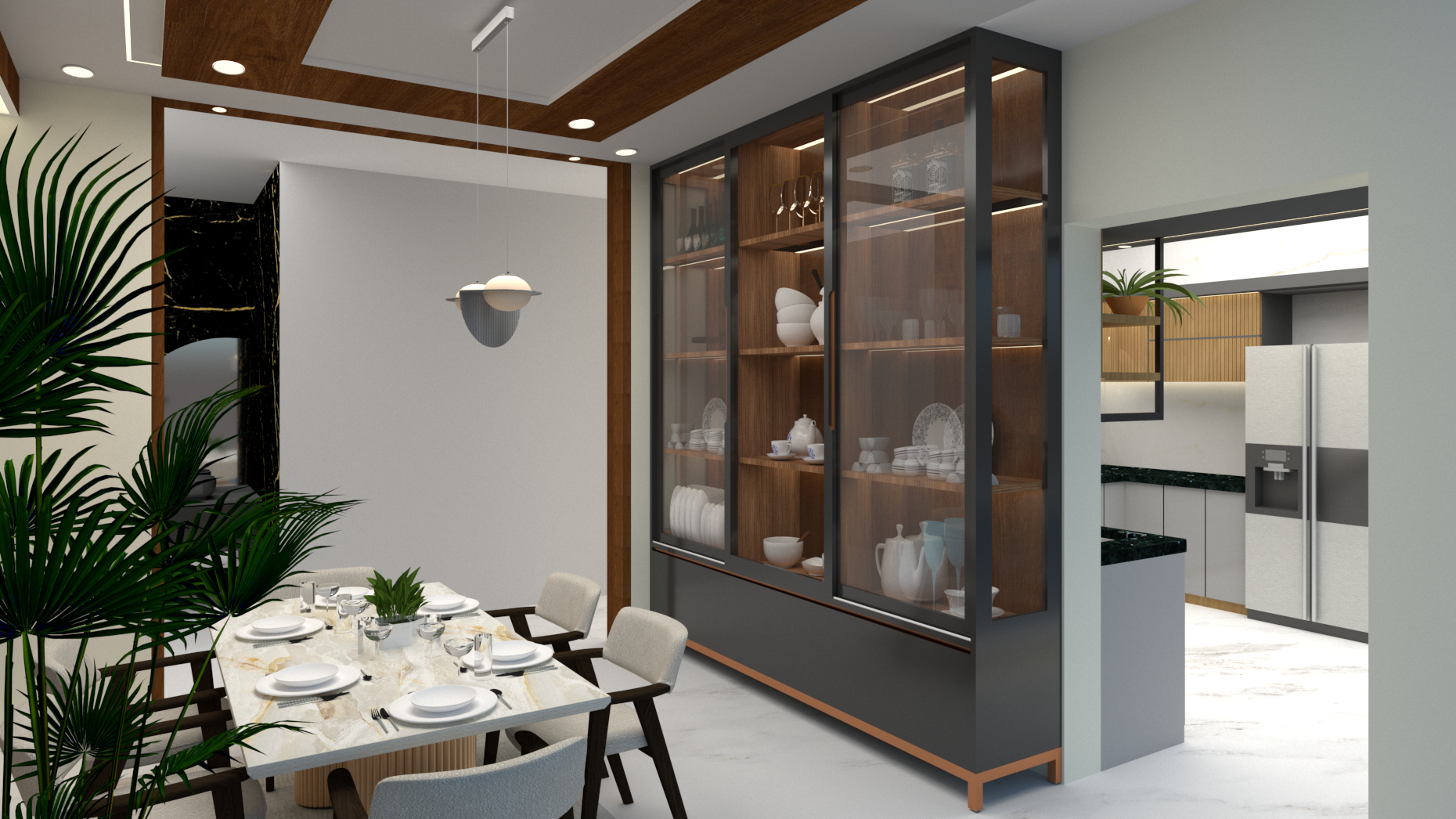 Modern dining area with glass cabinet