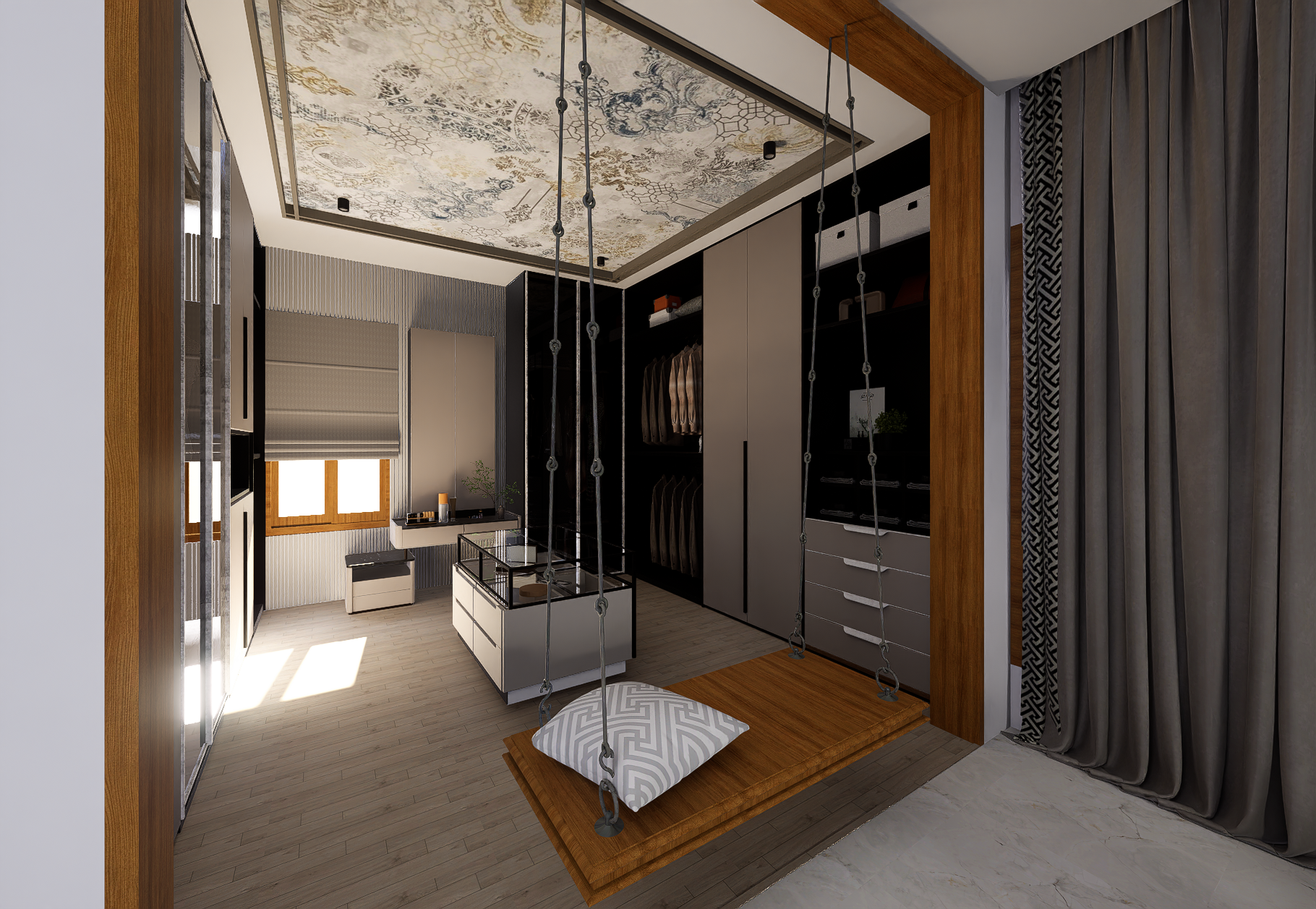 Luxury walk-in wardrobe with swing